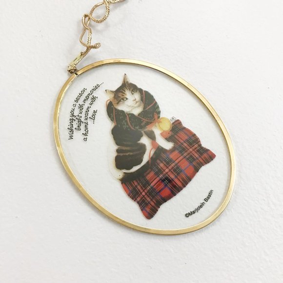 MARJOLEIN BASTIN Cozy Cat Christmas Ornament VTG 1997 Glass Light Catcher w/Box - Picture 5 of 8